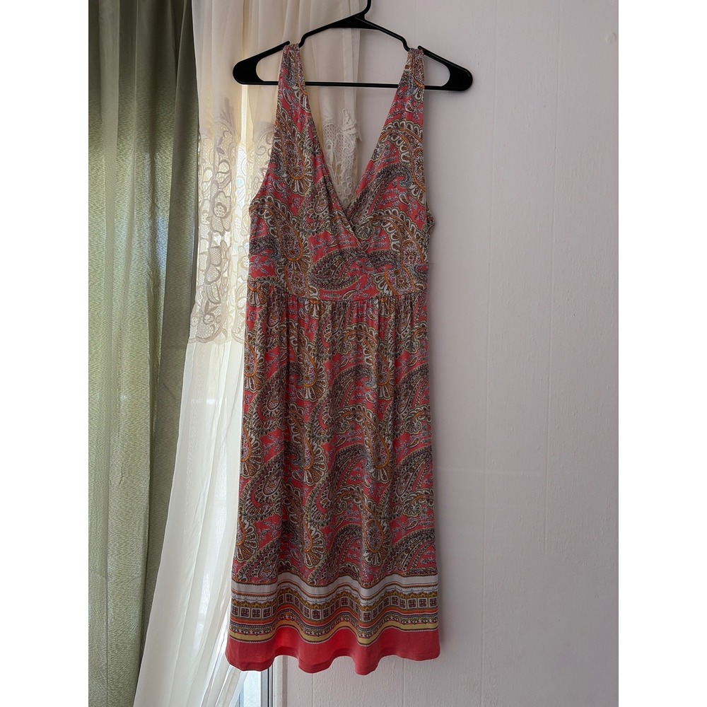 Old Navy Knit Empire Waist Dress Womens‎ M/L Pink Paisley Surplice Deep V-Neck